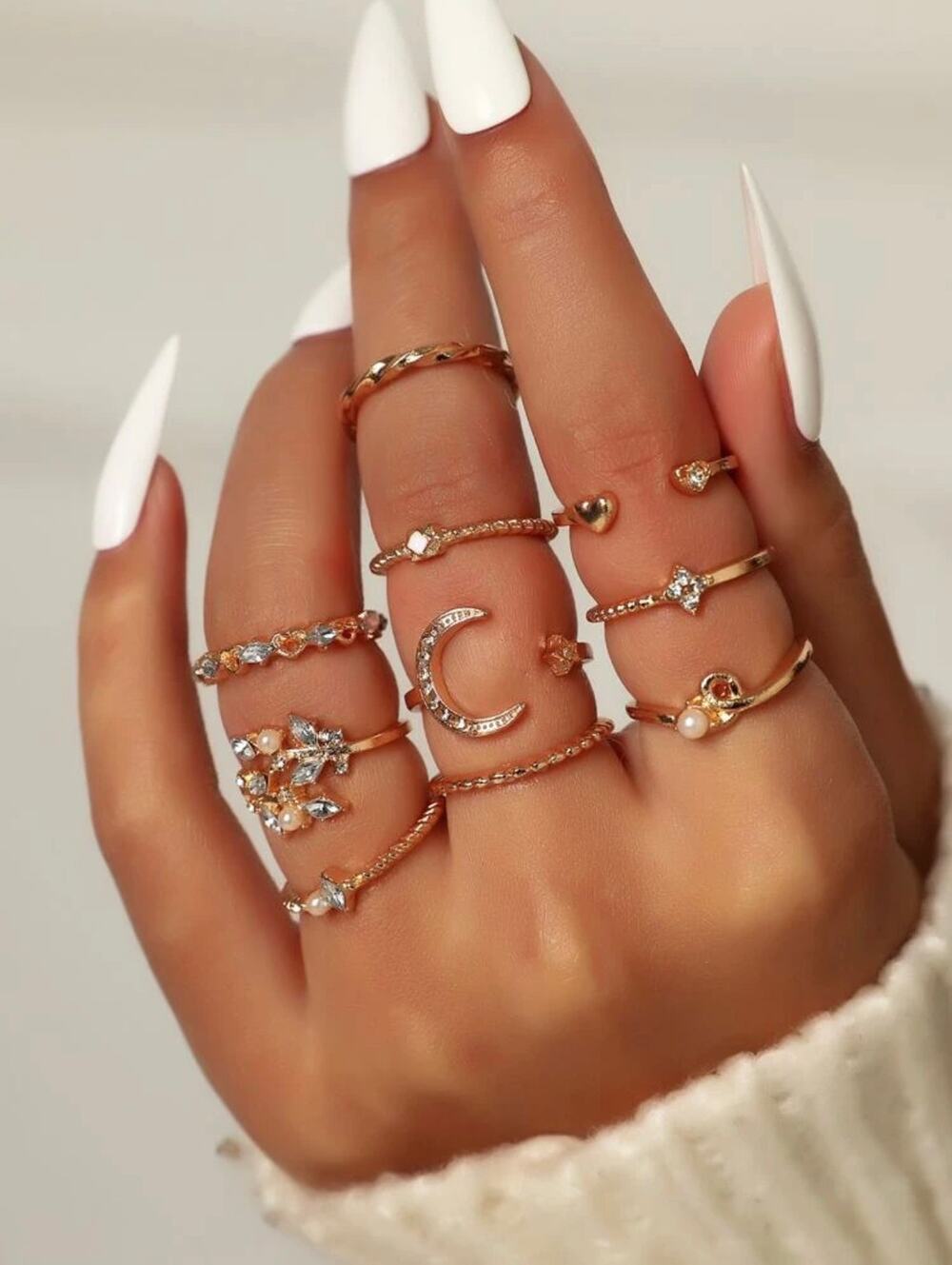 MOON, STARS AND RHINESTONES ASSORTED RINGS-10 PIECES